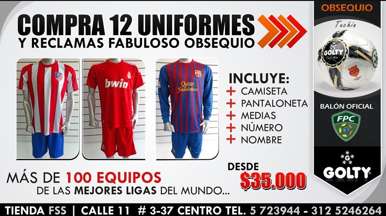 El balón oficial del FPC puede ser tuyo por la compra de 12 uniformes de cualquiera de los disponibles de los mejores equipos del mundo. Aprovecha esta gran promoción y destaca tu equipo en el campeonato.